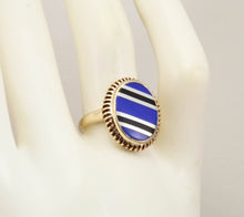 Load image into Gallery viewer, Antique 1920&#39;s Art Deco Signed RARE Lapis &amp; Onyx Intarsia Inlay 10k Solid Gold Ladies Cocktail Ring