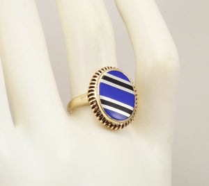 Antique 1920's Art Deco Signed RARE Lapis & Onyx Intarsia Inlay 10k Solid Gold Ladies Cocktail Ring