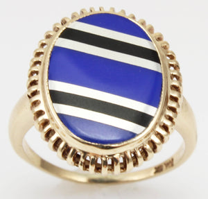 Antique 1920's Art Deco Signed RARE Lapis & Onyx Intarsia Inlay 10k Solid Gold Ladies Cocktail Ring