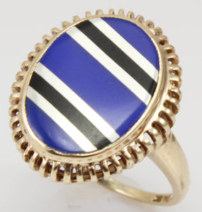 Antique 1920's Art Deco Signed RARE Lapis & Onyx Intarsia Inlay 10k Solid Gold Ladies Cocktail Ring