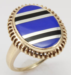 Antique 1920's Art Deco Signed RARE Lapis & Onyx Intarsia Inlay 10k Solid Gold Ladies Cocktail Ring