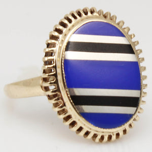 Antique 1920's Art Deco Signed RARE Lapis & Onyx Intarsia Inlay 10k Solid Gold Ladies Cocktail Ring