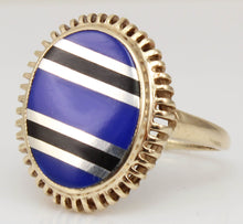 Load image into Gallery viewer, Antique 1920&#39;s Art Deco Signed RARE Lapis &amp; Onyx Intarsia Inlay 10k Solid Gold Ladies Cocktail Ring