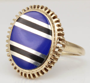 Antique 1920's Art Deco Signed RARE Lapis & Onyx Intarsia Inlay 10k Solid Gold Ladies Cocktail Ring