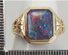 Load image into Gallery viewer, Antique SIGNED Art Deco BRIGHT RAINBOW Black Natural Opal Hand Milgrained 10k Solid Gold Men&#39;s Ring