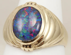 Antique 1920's Art Deco RAINBOW RARE Dark Black Natural Opal 10k Solid Yellow Gold Men's Ring