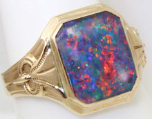 Load image into Gallery viewer, Antique SIGNED Art Deco BRIGHT RAINBOW Black Natural Opal Hand Milgrained 10k Solid Gold Men&#39;s Ring