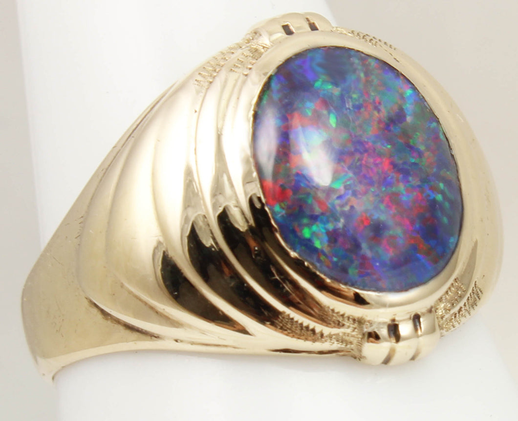 Antique 1920's Art Deco RAINBOW RARE Dark Black Natural Opal 10k Solid Yellow Gold Men's Ring