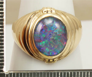 Antique 1920's Art Deco RAINBOW RARE Dark Black Natural Opal 10k Solid Yellow Gold Men's Ring