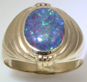 Antique 1920's Art Deco RAINBOW RARE Dark Black Natural Opal 10k Solid Yellow Gold Men's Ring