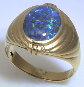 Antique 1920's Art Deco RAINBOW RARE Dark Black Natural Opal 10k Solid Yellow Gold Men's Ring