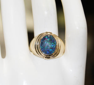 Antique 1920's Art Deco RAINBOW RARE Dark Black Natural Opal 10k Solid Yellow Gold Men's Ring