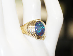 Antique 1920's Art Deco RAINBOW RARE Dark Black Natural Opal 10k Solid Yellow Gold Men's Ring