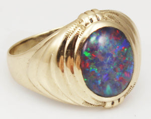 Antique 1920's Art Deco RAINBOW RARE Dark Black Natural Opal 10k Solid Yellow Gold Men's Ring