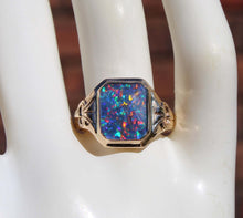 Load image into Gallery viewer, Antique SIGNED Art Deco BRIGHT RAINBOW Black Natural Opal Hand Milgrained 10k Solid Gold Men&#39;s Ring