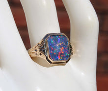 Load image into Gallery viewer, Antique SIGNED Art Deco BRIGHT RAINBOW Black Natural Opal Hand Milgrained 10k Solid Gold Men&#39;s Ring