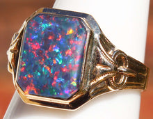 Load image into Gallery viewer, Antique SIGNED Art Deco BRIGHT RAINBOW Black Natural Opal Hand Milgrained 10k Solid Gold Men&#39;s Ring