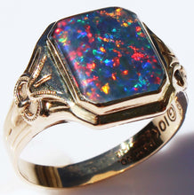 Load image into Gallery viewer, Antique SIGNED Art Deco BRIGHT RAINBOW Black Natural Opal Hand Milgrained 10k Solid Gold Men&#39;s Ring