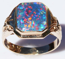 Load image into Gallery viewer, Antique SIGNED Art Deco BRIGHT RAINBOW Black Natural Opal Hand Milgrained 10k Solid Gold Men&#39;s Ring