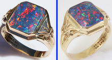 Load image into Gallery viewer, Antique SIGNED Art Deco BRIGHT RAINBOW Black Natural Opal Hand Milgrained 10k Solid Gold Men&#39;s Ring