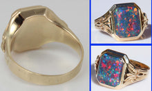 Load image into Gallery viewer, Antique SIGNED Art Deco BRIGHT RAINBOW Black Natural Opal Hand Milgrained 10k Solid Gold Men&#39;s Ring