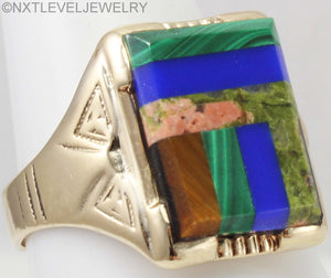 Antique Art Deco Natural Lapis Malachite Unakite Multi Gemstone Intarsia 10k Solid Gold Men's Ring