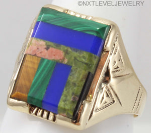 Antique Art Deco Natural Lapis Malachite Unakite Multi Gemstone Intarsia 10k Solid Gold Men's Ring