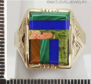 Antique Art Deco Natural Lapis Malachite Unakite Multi Gemstone Intarsia 10k Solid Gold Men's Ring