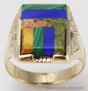 Antique Art Deco Natural Lapis Malachite Unakite Multi Gemstone Intarsia 10k Solid Gold Men's Ring