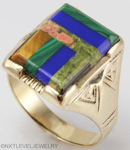 Antique Art Deco Natural Lapis Malachite Unakite Multi Gemstone Intarsia 10k Solid Gold Men's Ring