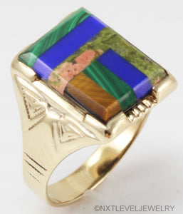 Antique Art Deco Natural Lapis Malachite Unakite Multi Gemstone Intarsia 10k Solid Gold Men's Ring