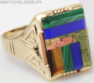 Antique Art Deco Natural Lapis Malachite Unakite Multi Gemstone Intarsia 10k Solid Gold Men's Ring