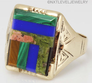 Antique Art Deco Natural Lapis Malachite Unakite Multi Gemstone Intarsia 10k Solid Gold Men's Ring