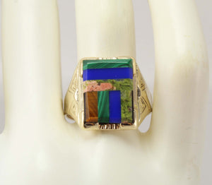 Antique Art Deco Natural Lapis Malachite Unakite Multi Gemstone Intarsia 10k Solid Gold Men's Ring