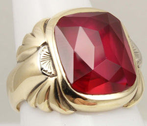 Antique 1920's Art Deco LARGE 12ct Faceted Top Cushion Cut Ruby Engraved 10k Solid Gold Men's Ring