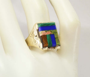 Antique Art Deco Natural Lapis Malachite Unakite Multi Gemstone Intarsia 10k Solid Gold Men's Ring