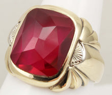 Load image into Gallery viewer, Antique 1920&#39;s Art Deco LARGE 12ct Faceted Top Cushion Cut Ruby Engraved 10k Solid Gold Men&#39;s Ring