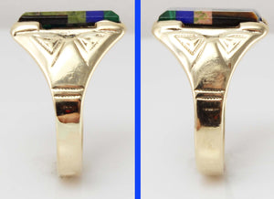 Antique Art Deco Natural Lapis Malachite Unakite Multi Gemstone Intarsia 10k Solid Gold Men's Ring