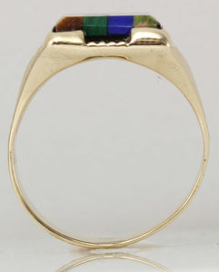 Antique Art Deco Natural Lapis Malachite Unakite Multi Gemstone Intarsia 10k Solid Gold Men's Ring