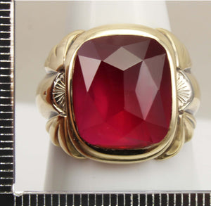 Antique 1920's Art Deco LARGE 12ct Faceted Top Cushion Cut Ruby Engraved 10k Solid Gold Men's Ring