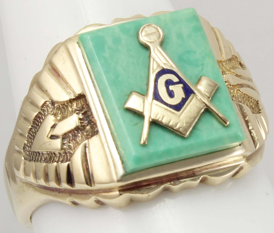 Vintage 1950's SIGNED Massover of Chicago Masonic Symbol Set in Turquoise 10k Solid Gold Men's Ring