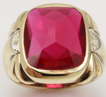 Load image into Gallery viewer, Antique 1920&#39;s Art Deco LARGE 12ct Faceted Top Cushion Cut Ruby Engraved 10k Solid Gold Men&#39;s Ring