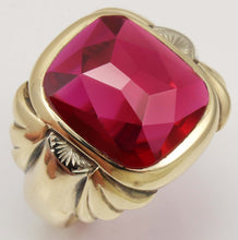 Load image into Gallery viewer, Antique 1920&#39;s Art Deco LARGE 12ct Faceted Top Cushion Cut Ruby Engraved 10k Solid Gold Men&#39;s Ring