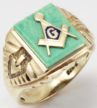 Load image into Gallery viewer, Vintage 1950&#39;s SIGNED Massover of Chicago Masonic Symbol Set in Turquoise 10k Solid Gold Men&#39;s Ring