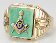 Load image into Gallery viewer, Vintage 1950&#39;s SIGNED Massover of Chicago Masonic Symbol Set in Turquoise 10k Solid Gold Men&#39;s Ring