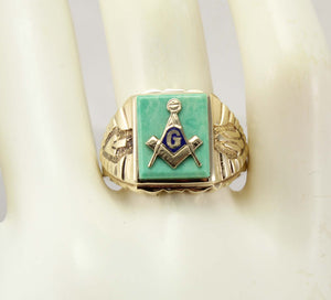 Vintage 1950's SIGNED Massover of Chicago Masonic Symbol Set in Turquoise 10k Solid Gold Men's Ring