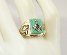 Load image into Gallery viewer, Vintage 1950&#39;s SIGNED Massover of Chicago Masonic Symbol Set in Turquoise 10k Solid Gold Men&#39;s Ring