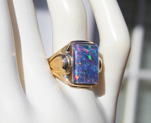 Load image into Gallery viewer, Antique SIGNED ECCO Art Deco LARGE BRIGHT RAINBOW RARE Black Natural Opal 10k Solid Gold Men&#39;s Ring