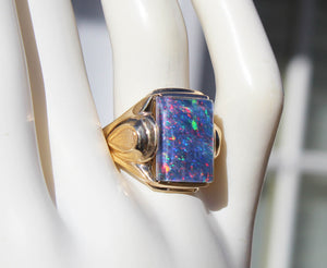 Antique SIGNED ECCO Art Deco LARGE BRIGHT RAINBOW RARE Black Natural Opal 10k Solid Gold Men's Ring