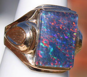 Antique SIGNED ECCO Art Deco LARGE BRIGHT RAINBOW RARE Black Natural Opal 10k Solid Gold Men's Ring